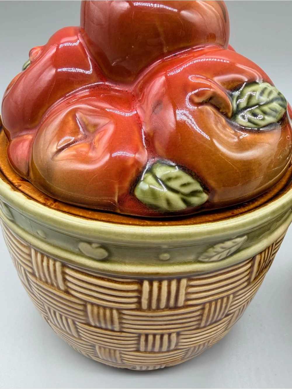Vintage 3D Ceramic Apple Basket Canisters Set of 2 Retro Cottagecore Kitsch